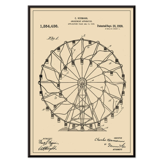 Vintage Ferris Wheel Patent Drawing Amusement Apparatus by Charles Hermann Poster, with black aluminium frame on white background