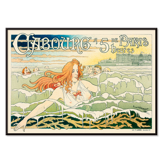 Art Nouveau poster of a red haired woman with flowing hair swimming in the sea near Casino De Cabourg by Henri Privat Livemont, with black aluminium frame on white background