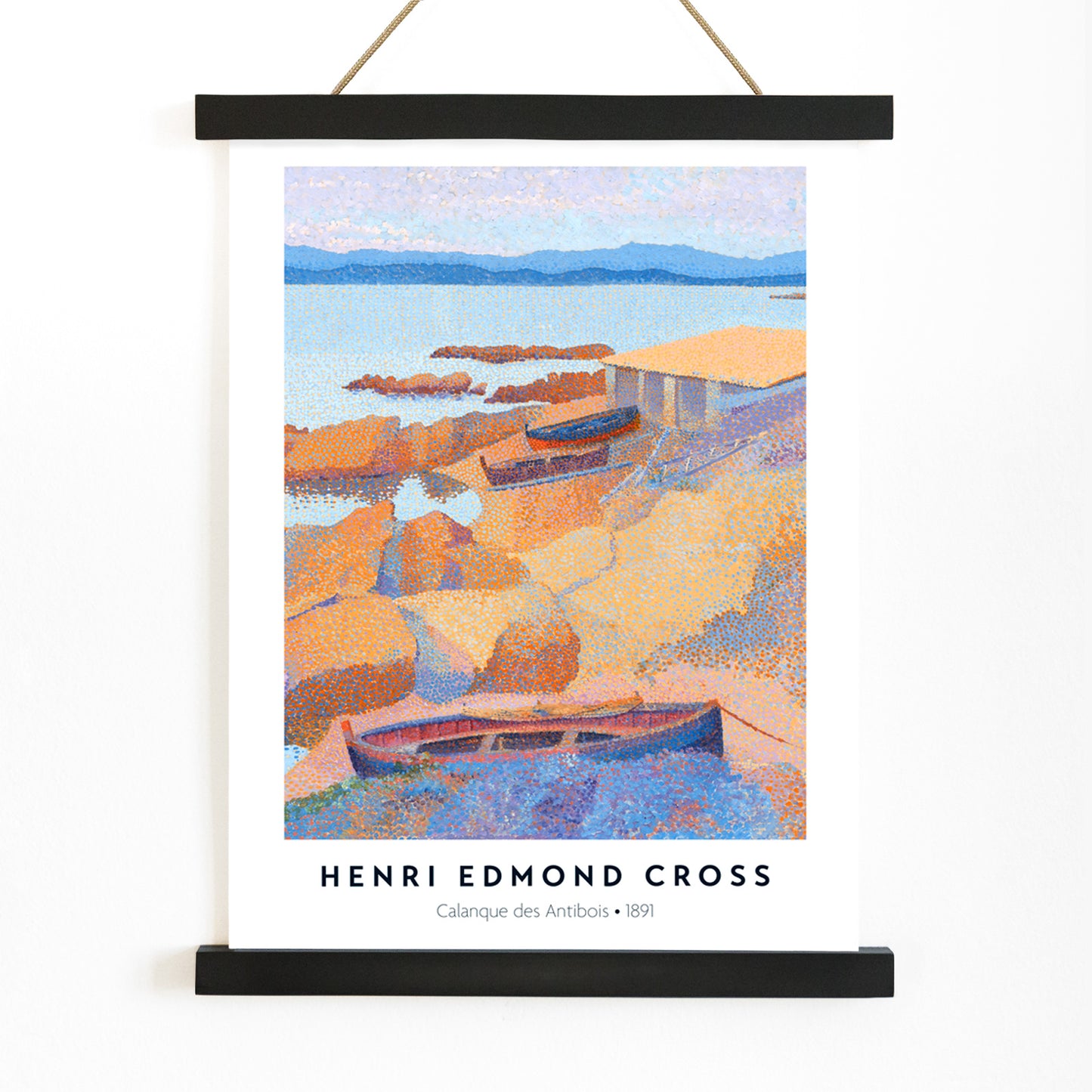 Colorful boats on rocky coastline with sea and mountains Calanque des Antibois painting by Henri Edmond Cross, with wooden magnetic frame on white background