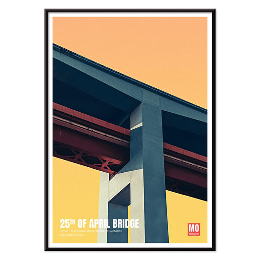 Abstract poster of 25th of April Bridge Lisbon by Mo Art Gallery with bold geometric design, with black aluminium frame on white background