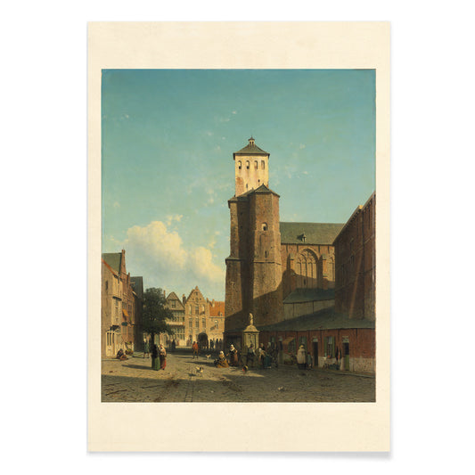 St Denis Church in Liege painting by Jan Weissenbruch showing people in a sunlit city square poster artwork, with black aluminium frame on white background