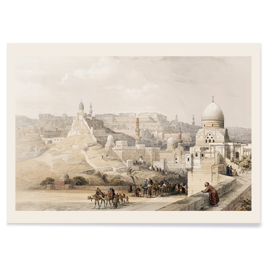Historic view and poster of the Citadel of Cairo residence of Mehemet Ali with people camels and historical architecture by artist David Roberts, with black aluminium frame on white background