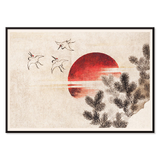 Cranes and birds flying near a red sun with pine branches inspired by Birds and Sunset by Katsushika Hokusai Japanese art poster, with black aluminium frame on white background
