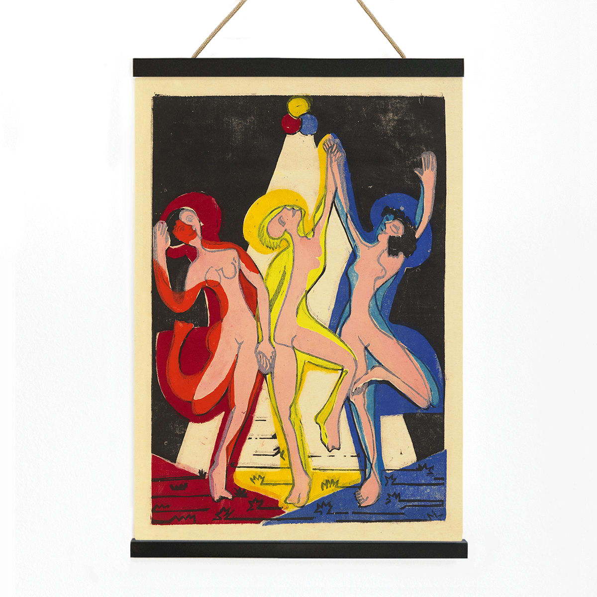 Dance of Colours by Ernst Ludwig Kirchner poster featuring three abstract dancing figures in vibrant hues, with wooden magnetic frame on white background