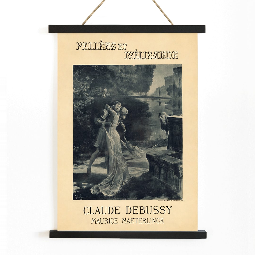Artistic poster for Claude Debussy and Maurice Maeterlincks Pelleas et Melisande at Theatre de lOpera Comique featuring characters by a river for the premiere, with wooden magnetic frame on white background