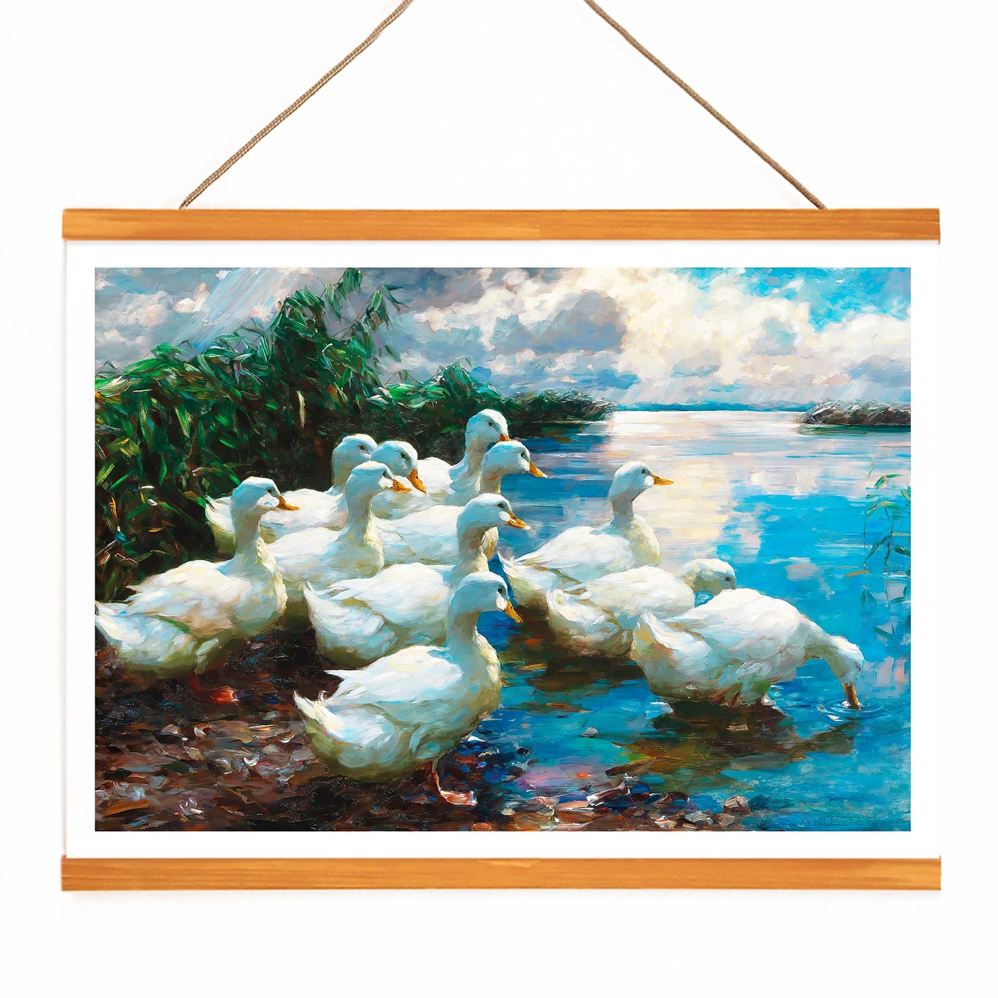 White ducks by a lake with greenery and blue sky artwork inspired by Alexander Koester, with wooden magnetic frame on white background