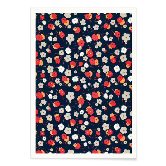 Colorful floral pattern poster with white gray pink and red flowers on dark background by Charles Goy, with black aluminium frame on white background