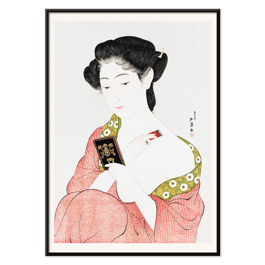 High resolution Japanese art print of a woman in a kimono applying powder by Goyo Hashiguchi titled Woman Applying Powder, with black aluminium frame on white background