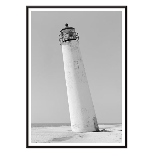 Cape Saint George Lighthouse poster featuring a tilted lighthouse on a sandy beach in Apalachicola Franklin County Florida, with black aluminium frame on white background