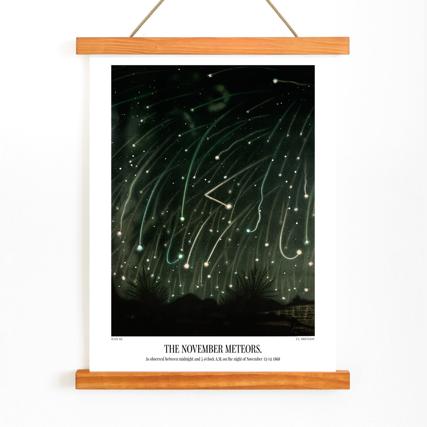 The November Meteors by E L Trouvelot night sky artwork poster featuring bright meteors streaking above a dark landscape, with wooden magnetic frame on white background