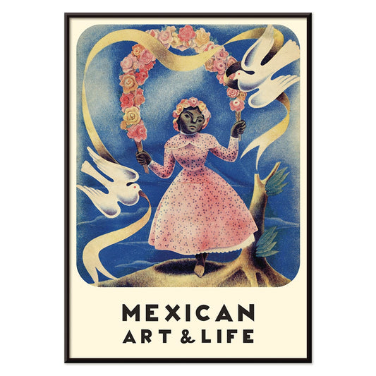 Mexican Art and Life cover and poster by Diego Rivera featuring a girl in a pink dress with floral crown and two white doves, with black aluminium frame on white background