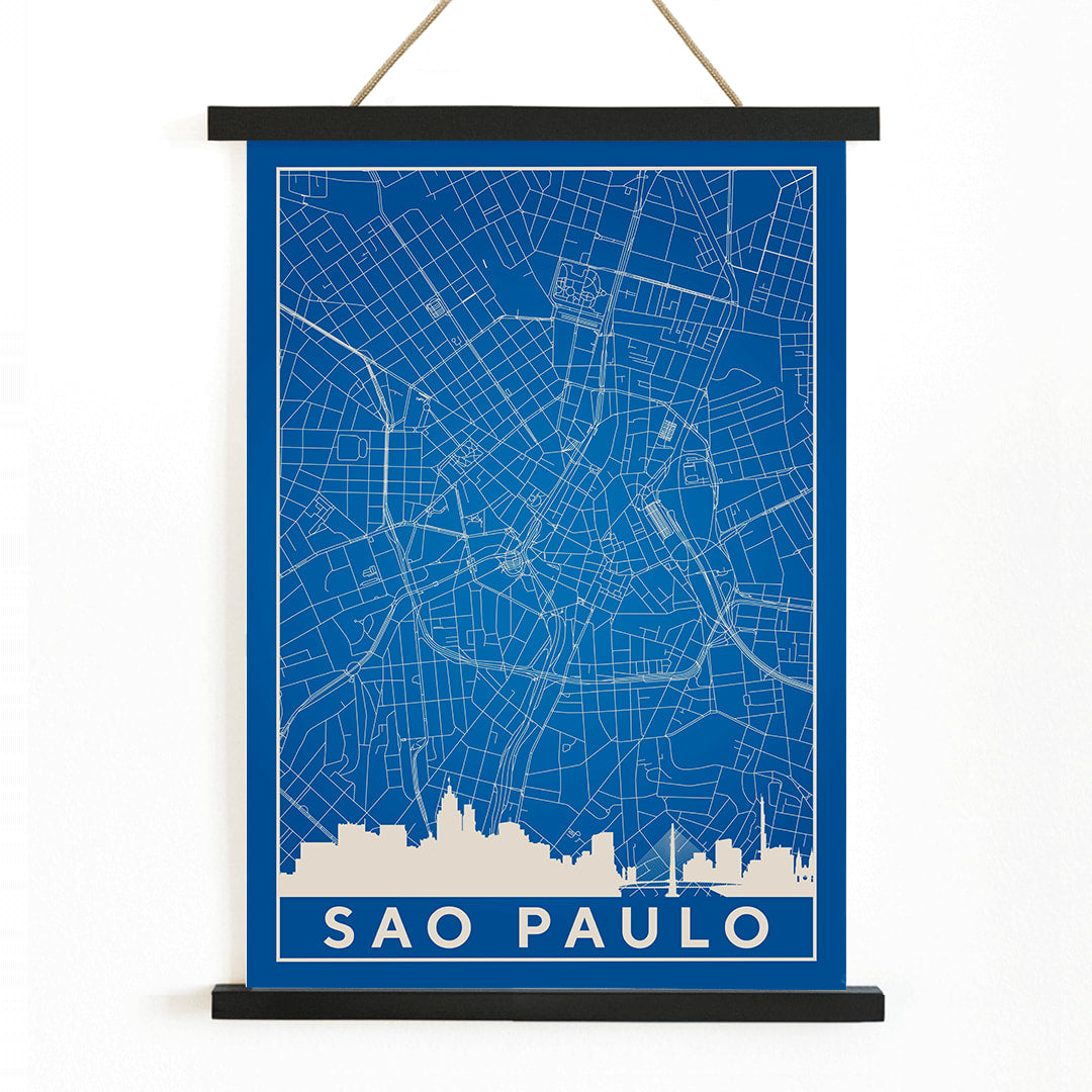 Minimalist blue map of Sao Paulo city with white street lines and skyline by artist Anonymous titled Minimalist Sao Paulo Map, with wooden magnetic frame on white background