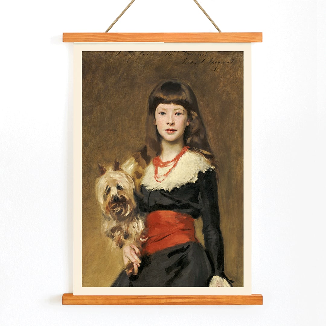 Miss Beatrice Townsend by John Singer Sargent young girl with a dog in elegant attire and red sash painting poster, with wooden magnetic frame on white background
