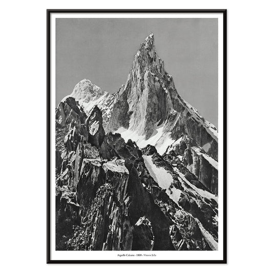 Jagged mountain peak with snow and glaciers by Vittorio Sell Aiguille calcaire Baltoro and Godwin Austen poster photography, with black aluminium frame on white background