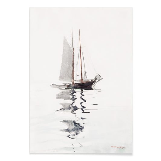 Watercolor painting and poster of a two masted schooner with dory on calm water in watercolor style by Winslow Homer, with black aluminium frame on white background