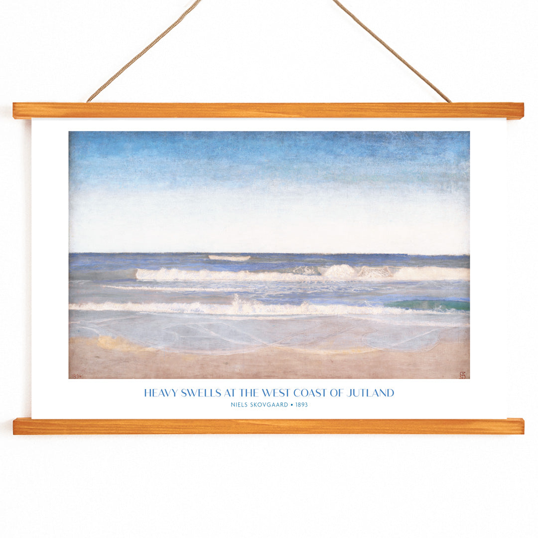 Ocean waves crashing on sandy shore painting and poster by Niels Skovgaard Heavy Swells at the West Coast of Jutland, with wooden magnetic frame on white background