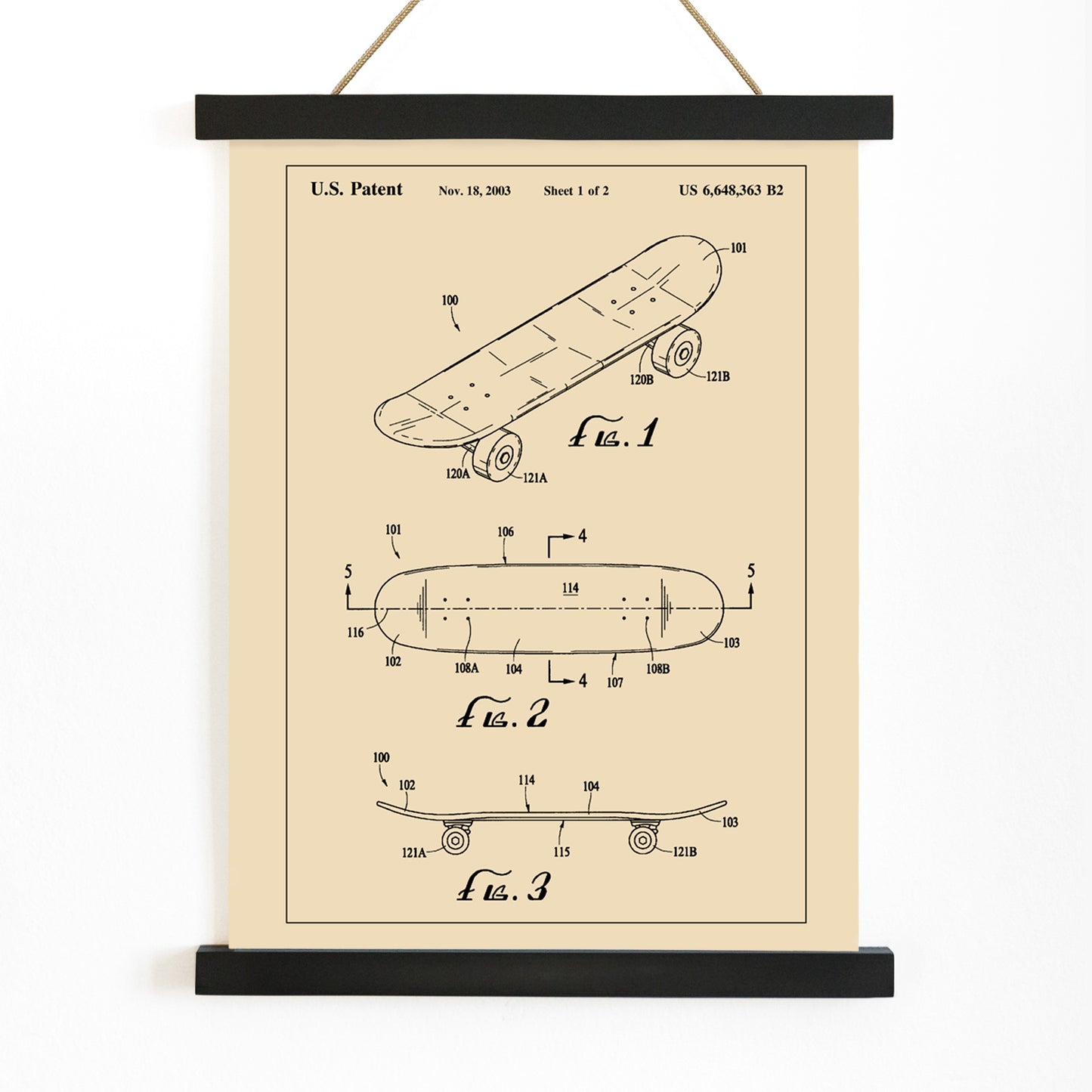 Skateboard patent drawing and technical poster by US Patents ideal wall art decor, with wooden magnetic frame on white background