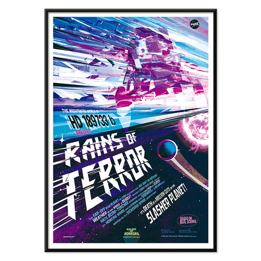 Colorful sci fi poster titled Rains of Terror by NASA featuring a dramatic alien storm scene vivid colors planets and dynamic space artwork, with black aluminium frame on white background