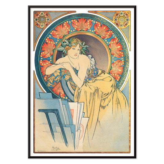Art Nouveau woman with poppies by Alphonse Mucha vintage illustration poster, with black aluminium frame on white background