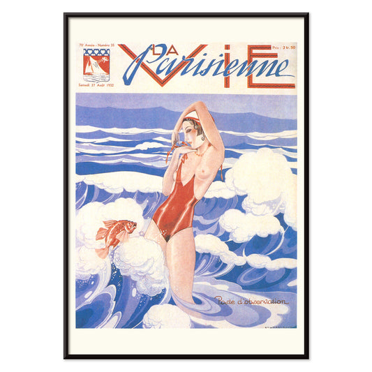Art Deco poster of La Vie Parisienne by Umberto Brunelleschi showing a woman in a red swimsuit standing in ocean waves with a fish, with black aluminium frame on white background