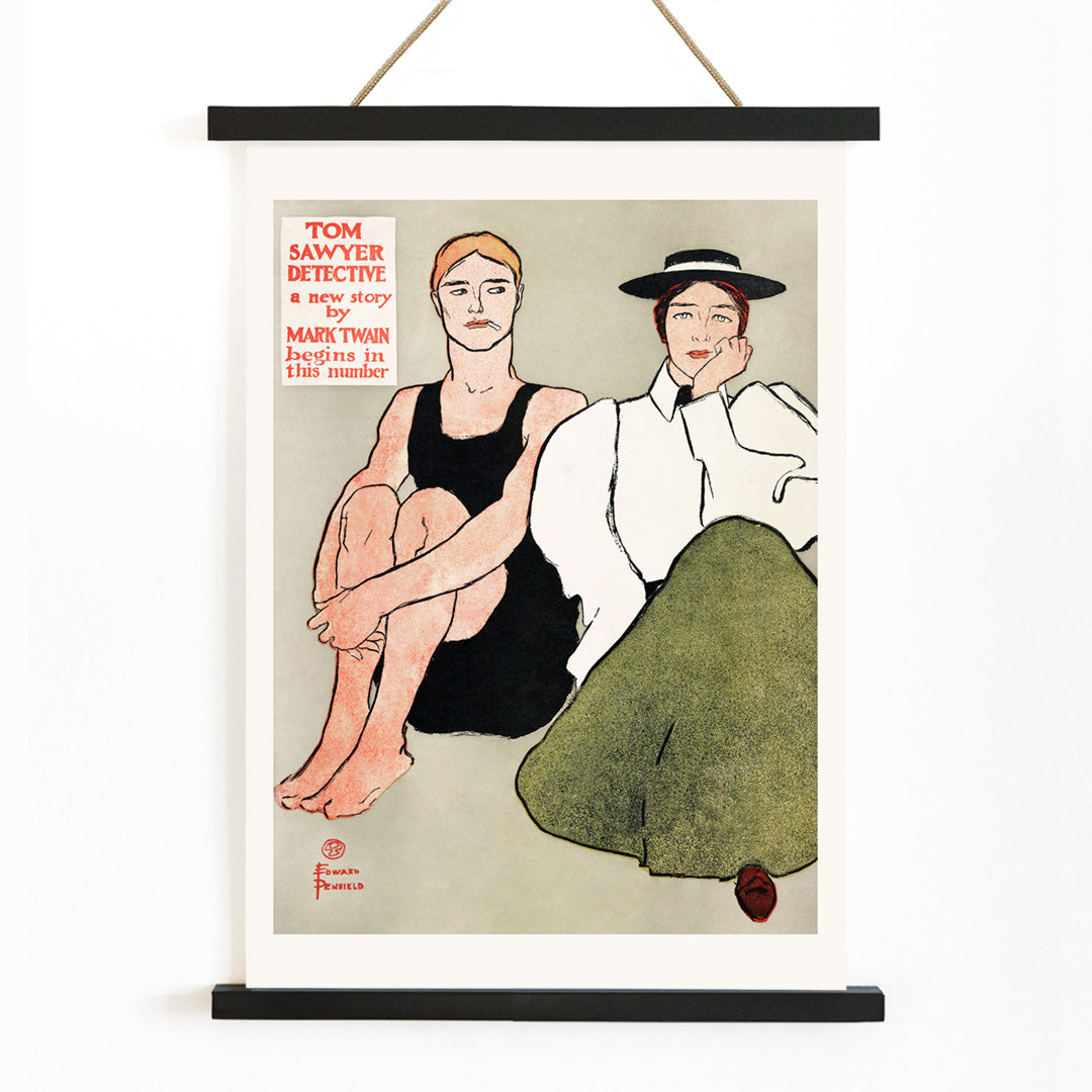 Two women in vintage clothing seated together in an illustration by Edward Penfield titled Two Seated Women poster, with wooden magnetic frame on white background
