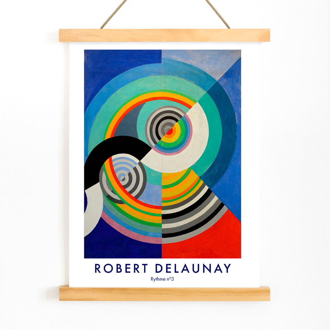 Abstract colorful concentric circles painting and poster inspired by Rythme n3 by Robert Delaunay featuring circular shapes for art lovers and collectors, with wooden magnetic frame on white background