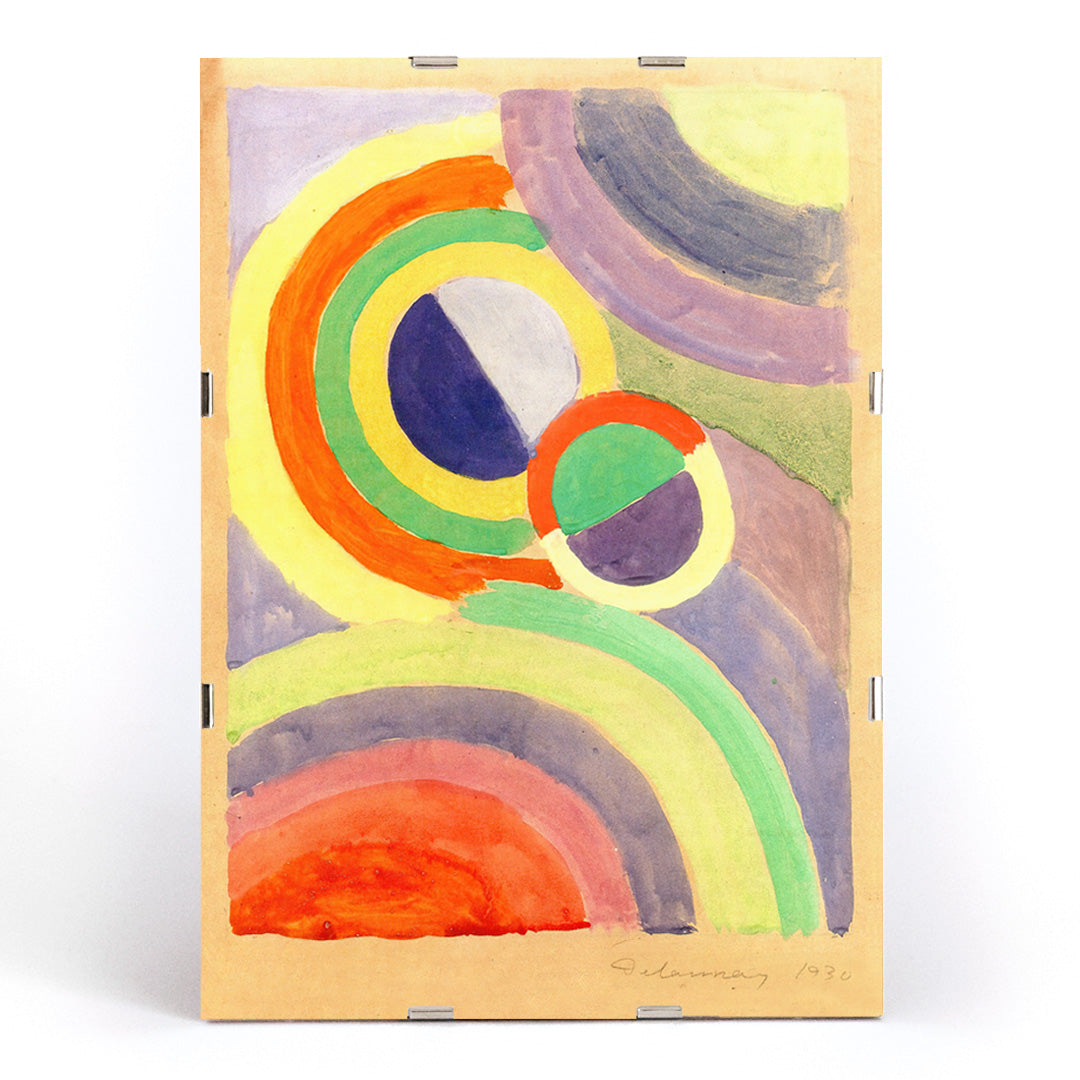 Abstract colorful circular forms and geometric shapes painting by Robert Delaunay titled Composition poster for wall decor, framed and displayed in modern living room decor