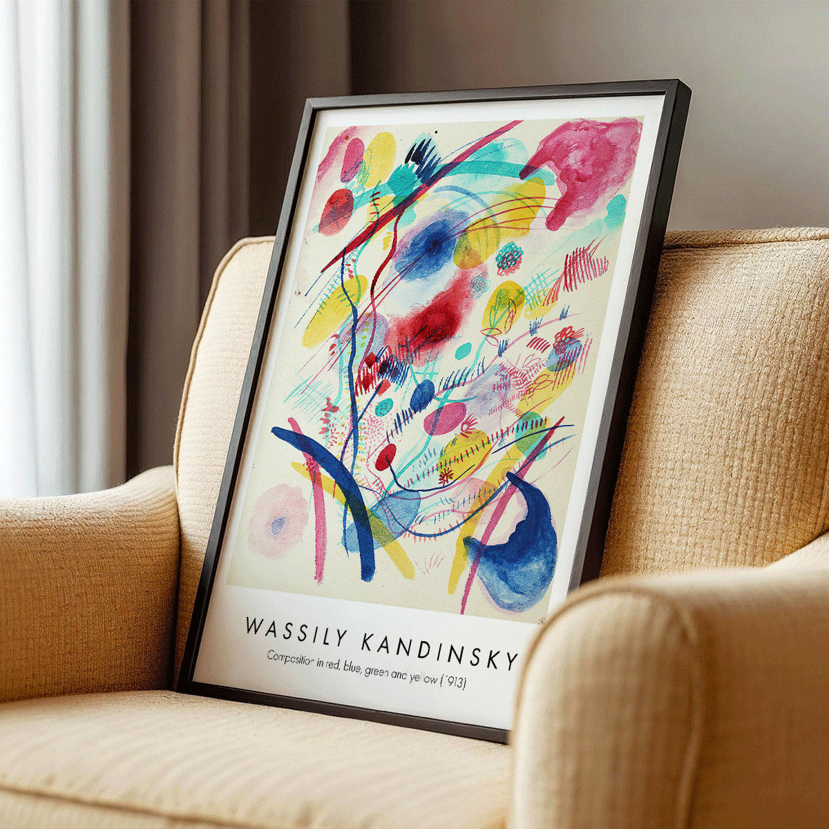 Abstract colorful painting and poster of abstract art with dynamic shapes and vivid red blue green and yellow brushstrokes by Wassily Kandinsky Composition in red blue green and yellow, framed and displayed in modern living room decor