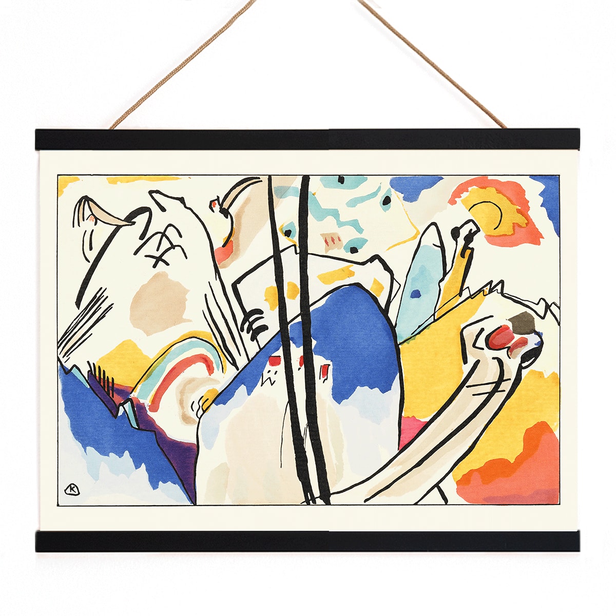 Abstract art Der Blaue Reiter by Wassily Kandinsky featuring vibrant colors dynamic shapes and geometric forms, with wooden magnetic frame on white background