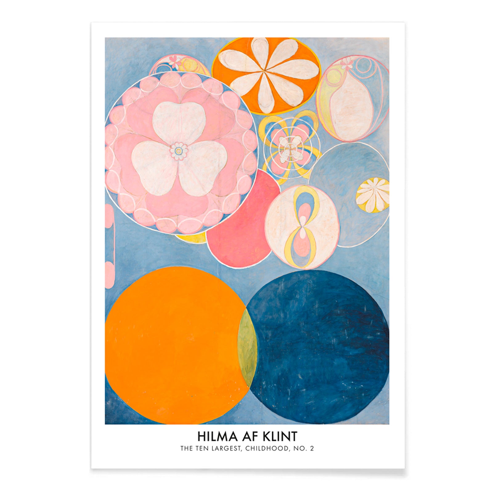 Colorful abstract circles and floral patterns from The Ten Largest Childhood series by Hilma AF Klint, with black aluminium frame on white background