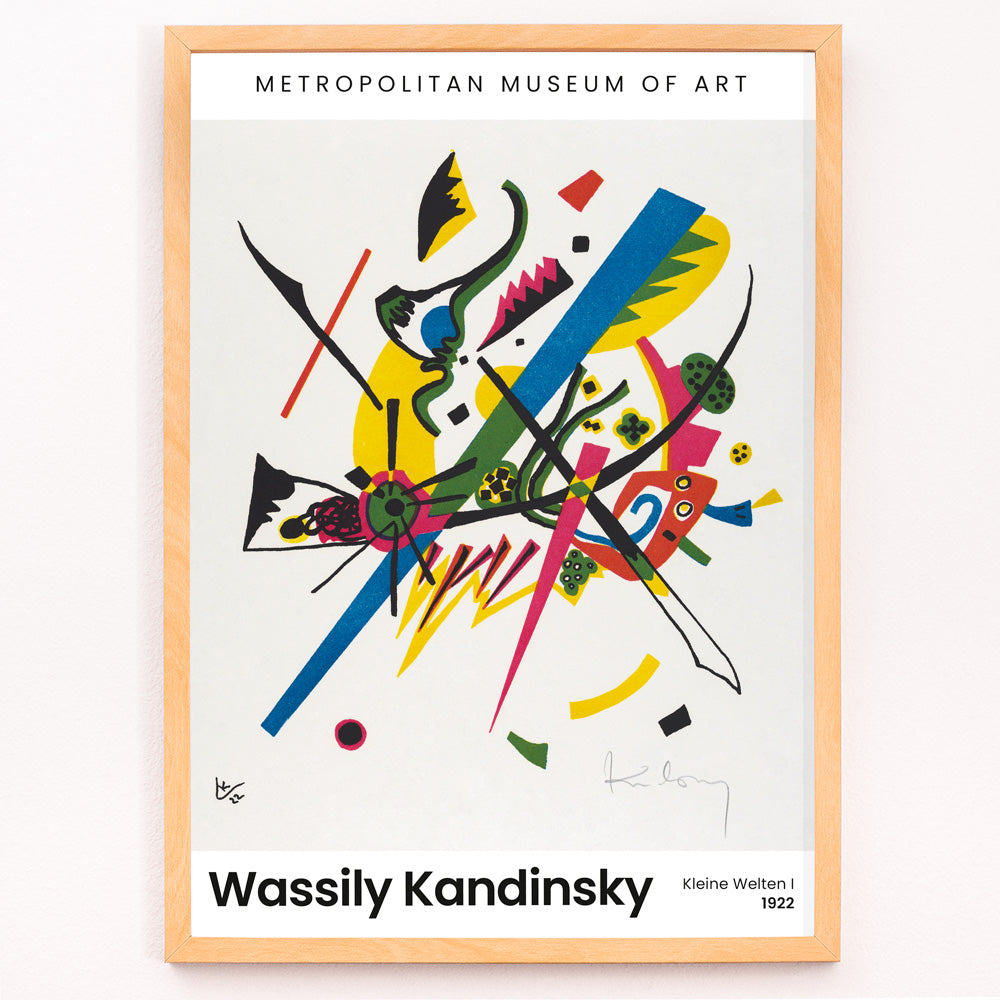Closeup detail of Abstract colorful geometric print Kleine Welten I Small Worlds I by Wassily Kandinsky high resolution artwork poster displayed at museum