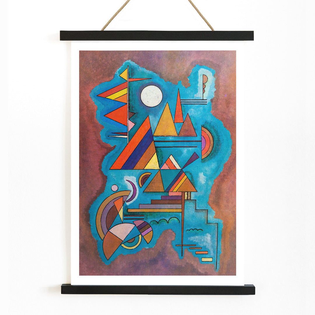 Abstract geometric shapes in vivid colors on blue watercolor background artwork Standing by Wassily Kandinsky, with wooden magnetic frame on white background