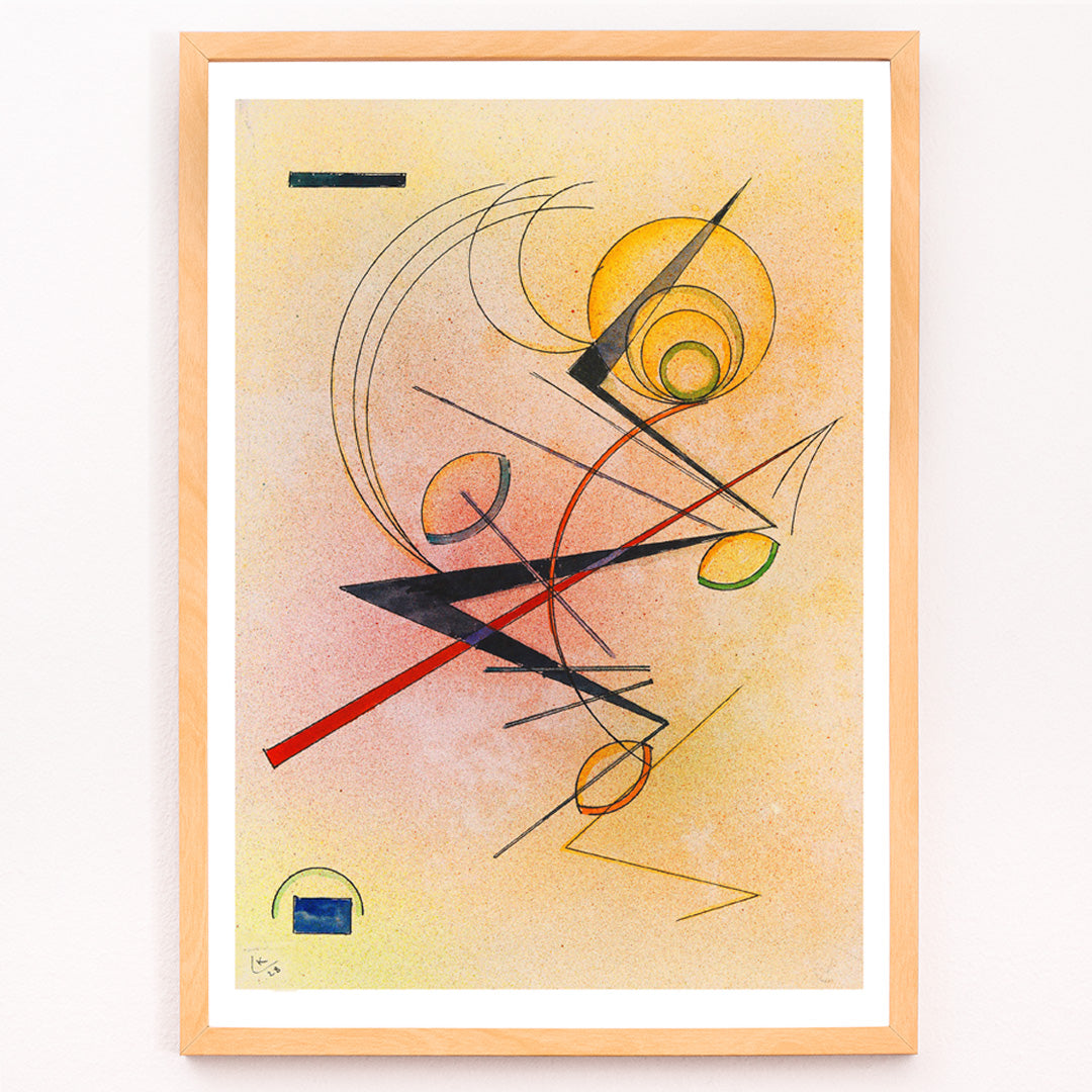 Closeup detail of Abstract geometric poster with colored lines and shapes over a warm background by Wassily Kandinsky Kleines Warm