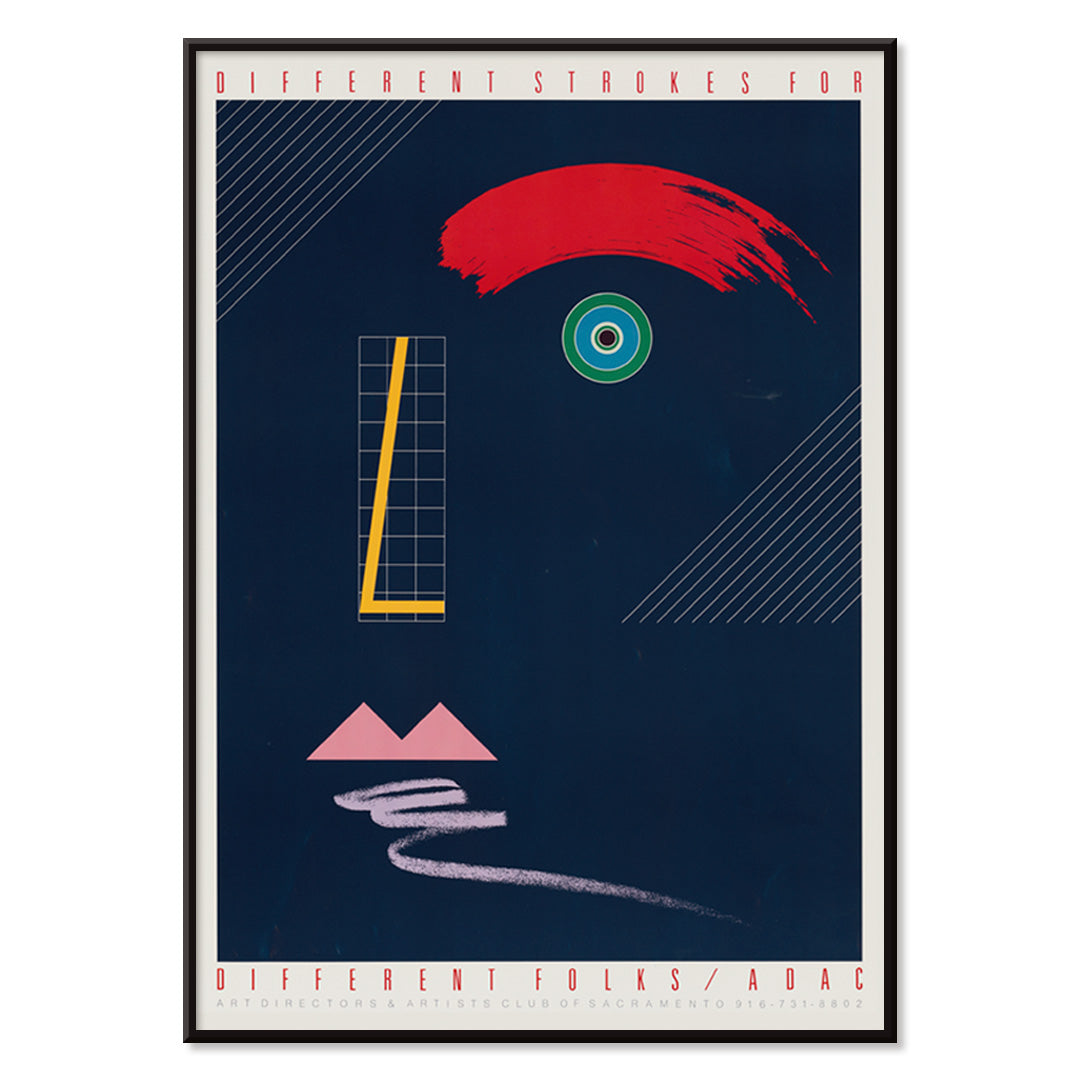 Abstract geometric face artwork poster with bold colors and modern shapes Different Strokes for Different Folks by McRay Magleby, with black aluminium frame on white background