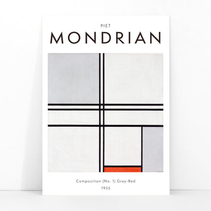 Geometric abstract artwork poster with black lines and color blocks by Piet Mondrian Composition No 1 Gray-Red, framed and displayed in modern living room decor