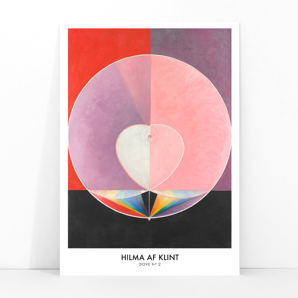 Abstract geometric shapes in pastel and rainbow colors with heart motif poster inspired by Doves by Hilma af Klint, framed and displayed in modern living room decor