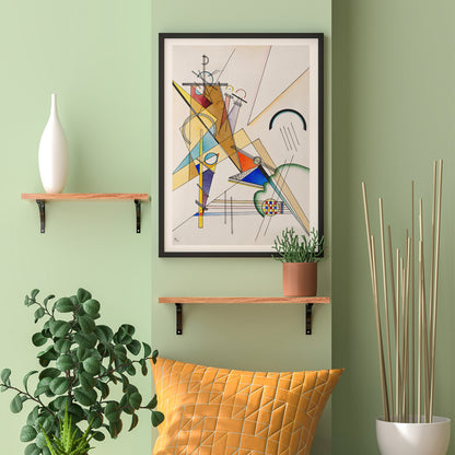 Abstract geometric shapes intersecting lines and vibrant colors in Gewebe by Wassily Kandinsky poster, framed and displayed in home decor