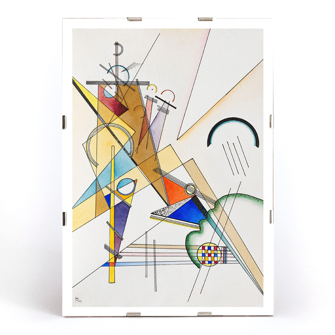 Abstract geometric shapes intersecting lines and vibrant colors in Gewebe by Wassily Kandinsky poster, framed and displayed in modern living room decor