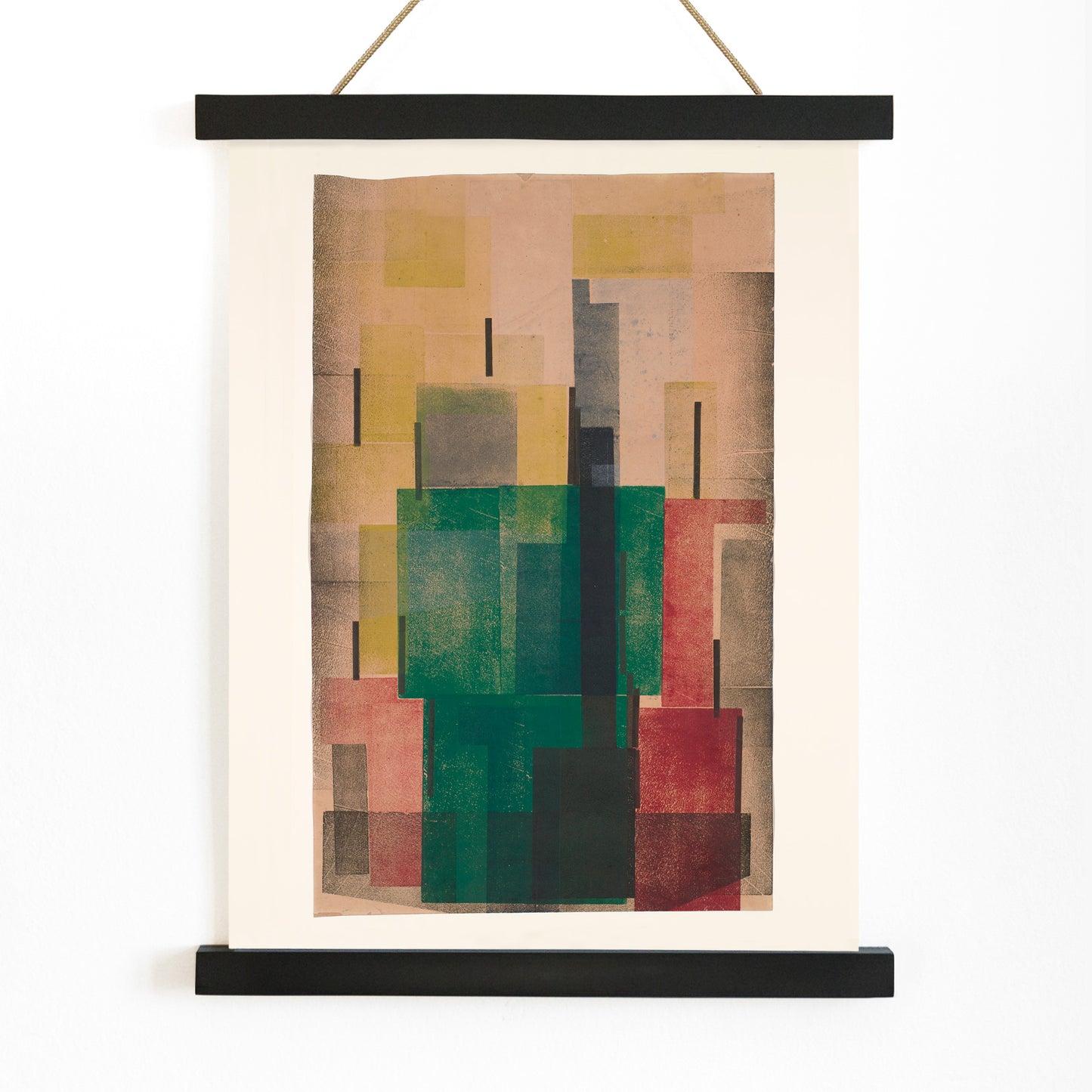 Abstract geometric poster with overlapping green red and yellow rectangular shapes by Hendrik Nicolaas Werkman titled Rectangular Surfaces, with wooden magnetic frame on white background