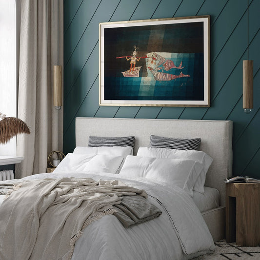 Abstract poster of a fighting scene with fisherman and sea creatures from the comic opera the seafarer by Paul Klee, framed and displayed in home decor