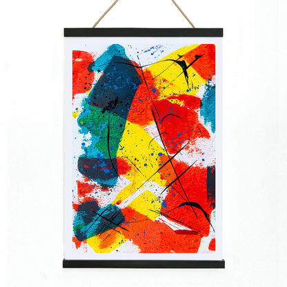 Colorful abstract patchwork artwork poster with bold brush strokes splashes of red yellow and blue titled Abstract Patchwork 1 by Anonymous, with wooden magnetic frame on white background
