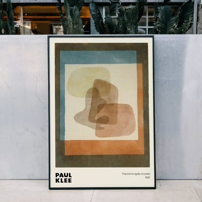 Abstract art by Paul Klee featuring overlapping and layered colors with geometric shapes from Free forms rigidly mounted, framed and displayed in modern living room decor