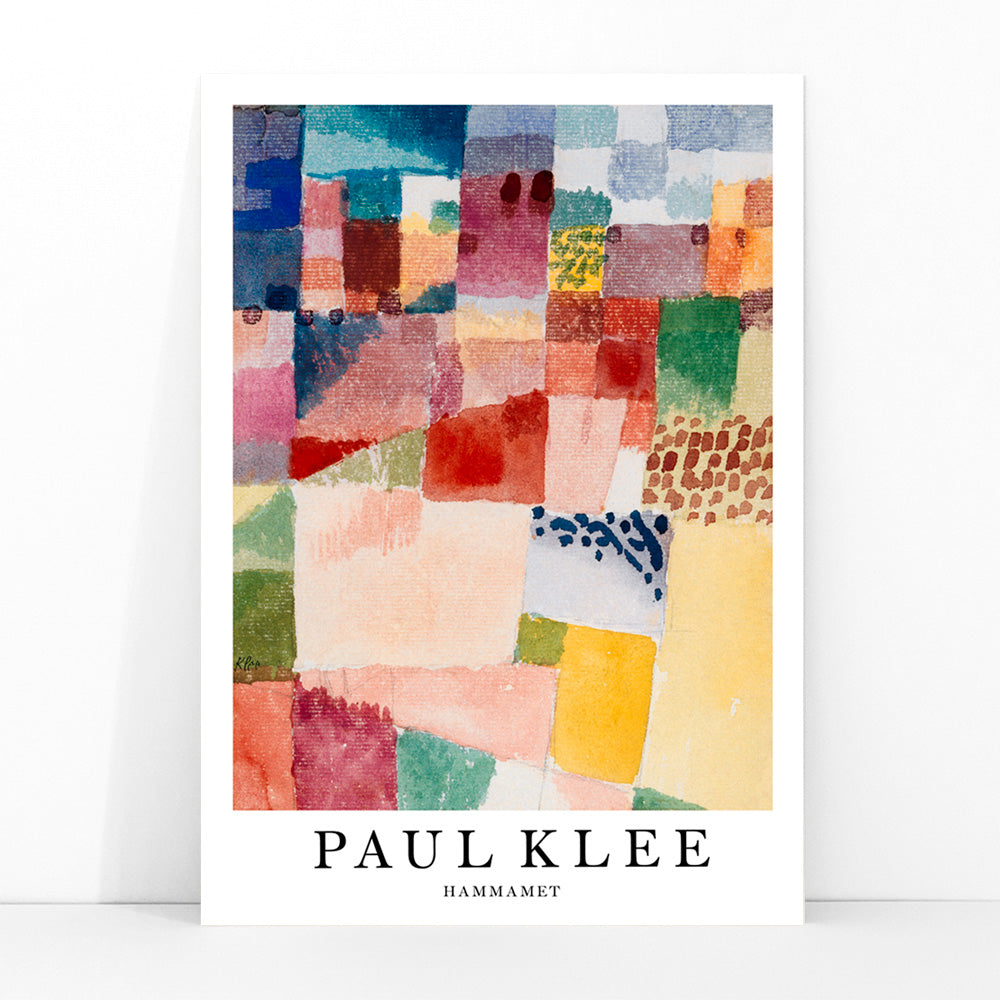 Colorful abstract geometric poster inspired by Motif from Hammamet painting by Paul Klee perfect for art lovers and modern decor, framed and displayed in modern living room decor