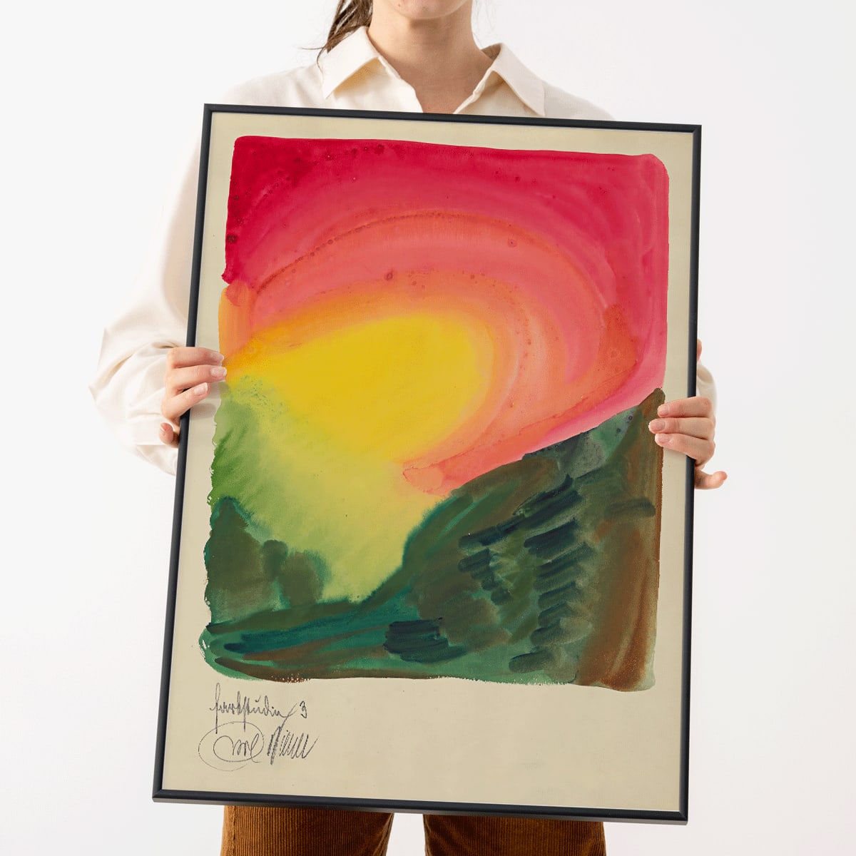 Abstract colorful landscape painting poster with vibrant red yellow and green tones abstract art Farbstudien 10 Blaetter III by Karl Wiener, framed and displayed in home decor