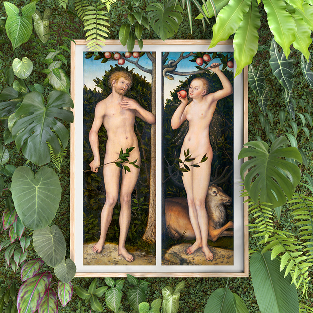 Lucas Cranach Adam and Eve painting in the Garden of Eden with snake apples animals and fruit trees biblical figures, framed and displayed in home decor