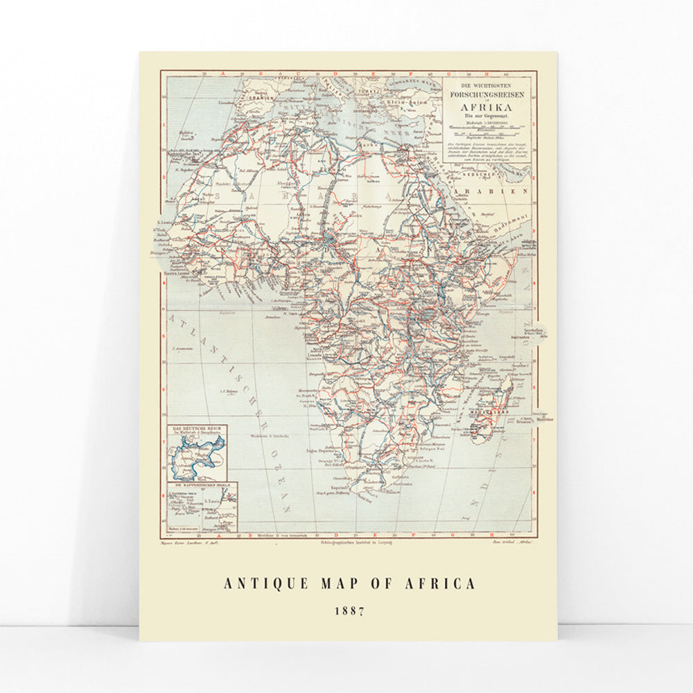 Antique map of Africa by Institute of Liepzig showing exploration routes geographic features and country names wall art poster, framed and displayed in modern living room decor