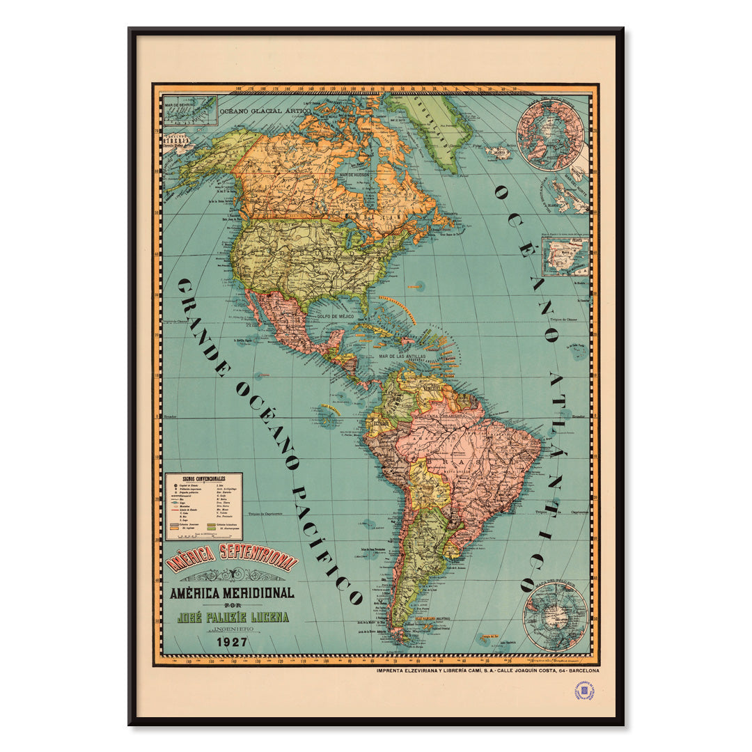Vintage map poster of North and South America titled América septentrional y América meridional by Paluzie Lucena Josep, with black aluminium frame on white background
