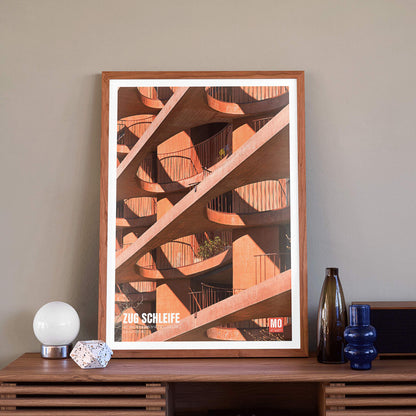 Modern architectural abstract artwork Zug Schleife Switzerland by Mo Art Gallery featuring geometric patterns shadows and orange hues, framed and displayed in modern living room decor