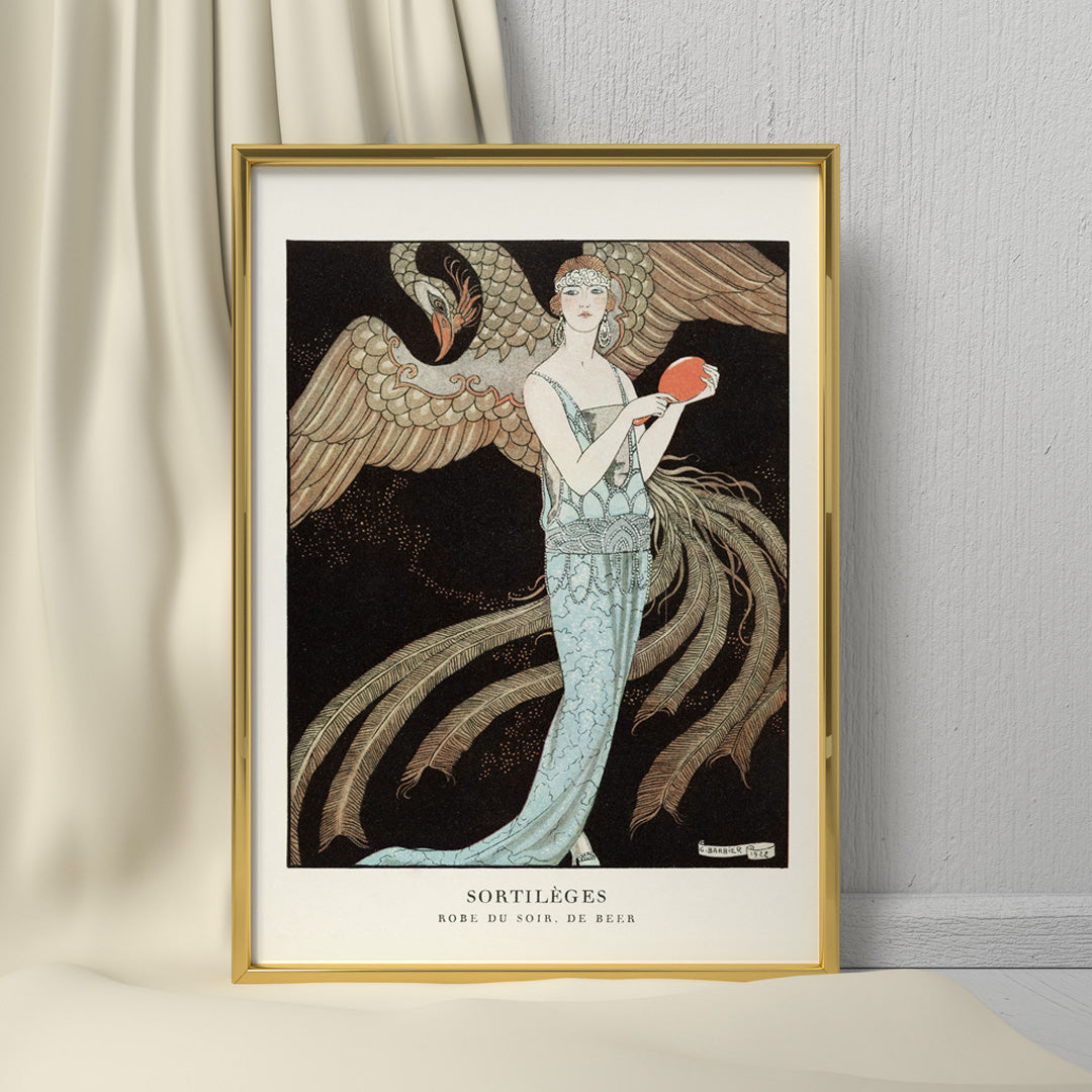 Elegant woman in blue evening dress with majestic bird Sortileges Evening dress by George Barbier art deco poster, framed and displayed in home decor