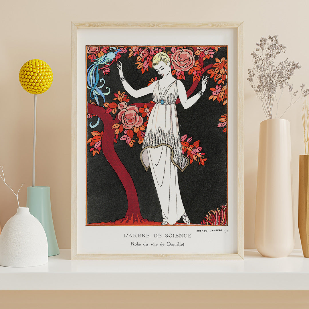 Elegant woman in evening gown under flowering tree with bird by George Barbier from LArbre de science art deco poster, framed and displayed in home decor